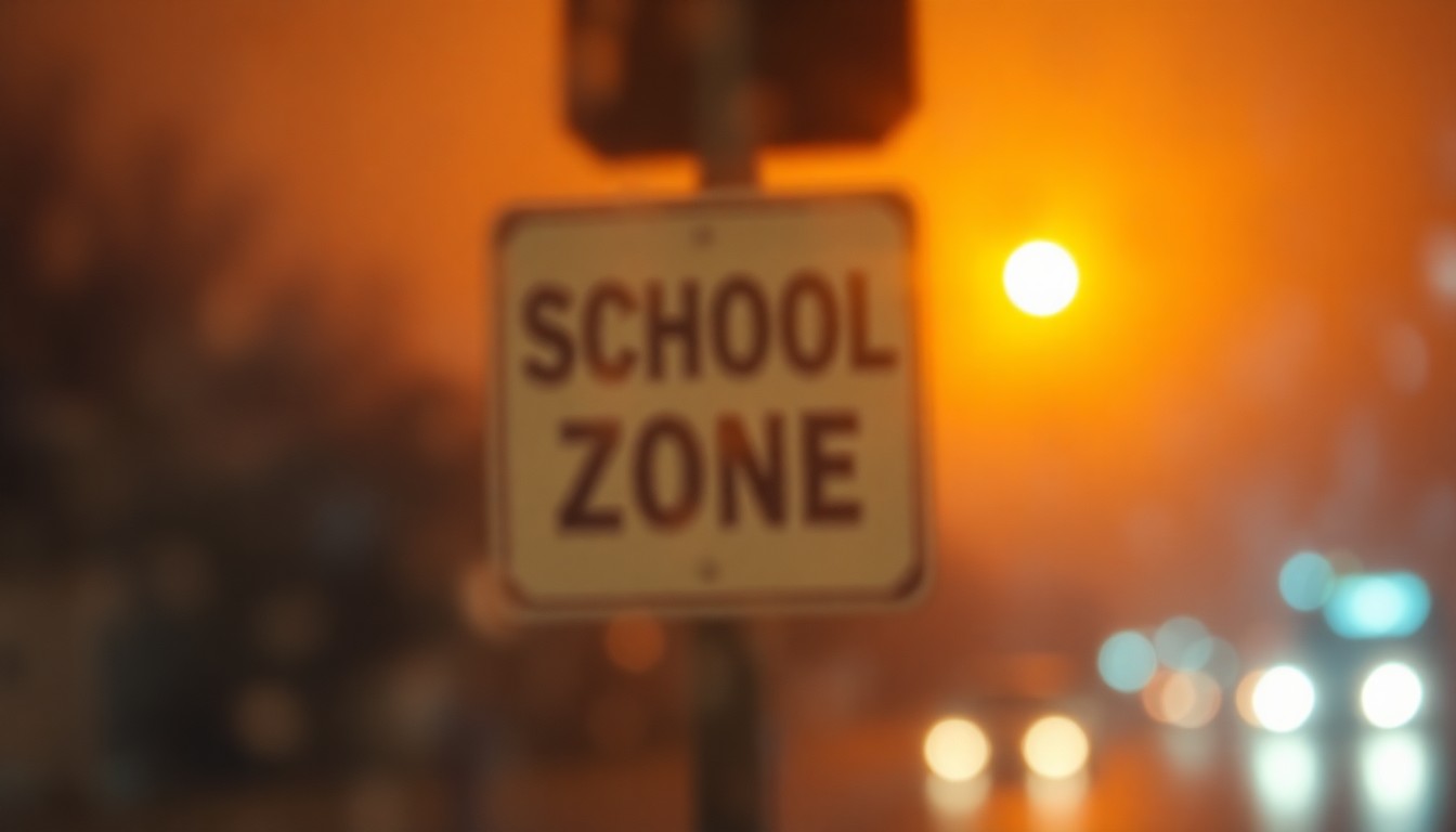 An abstract, impressionistic photograph of blurred school zone lights and signage, conveying the concept of targeted traffic enforcement through a soft, atmospheric lens.