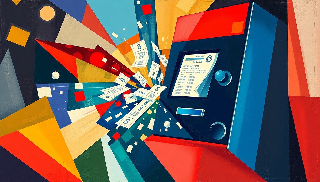 A dynamic, abstract painting of a lottery ticket machine dispensing tickets in a fractured, overlapping geometric style, conveying a sense of motion and energy around the potential for increased revenue generation.