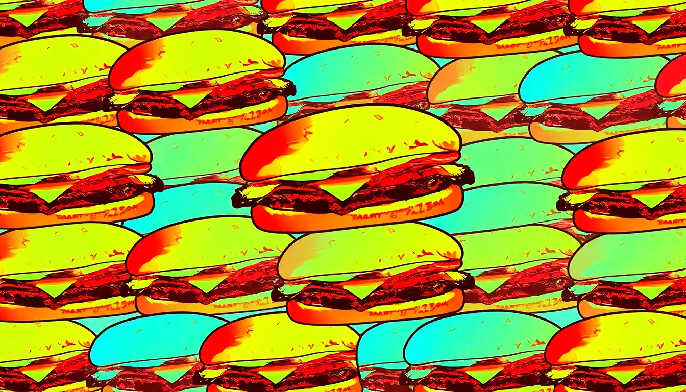 A bold, colorful silkscreen-style illustration featuring a repeated image of an Arby's roast beef sandwich, conceptually representing the viral popularity of the 'Jungle Arby's' location.
