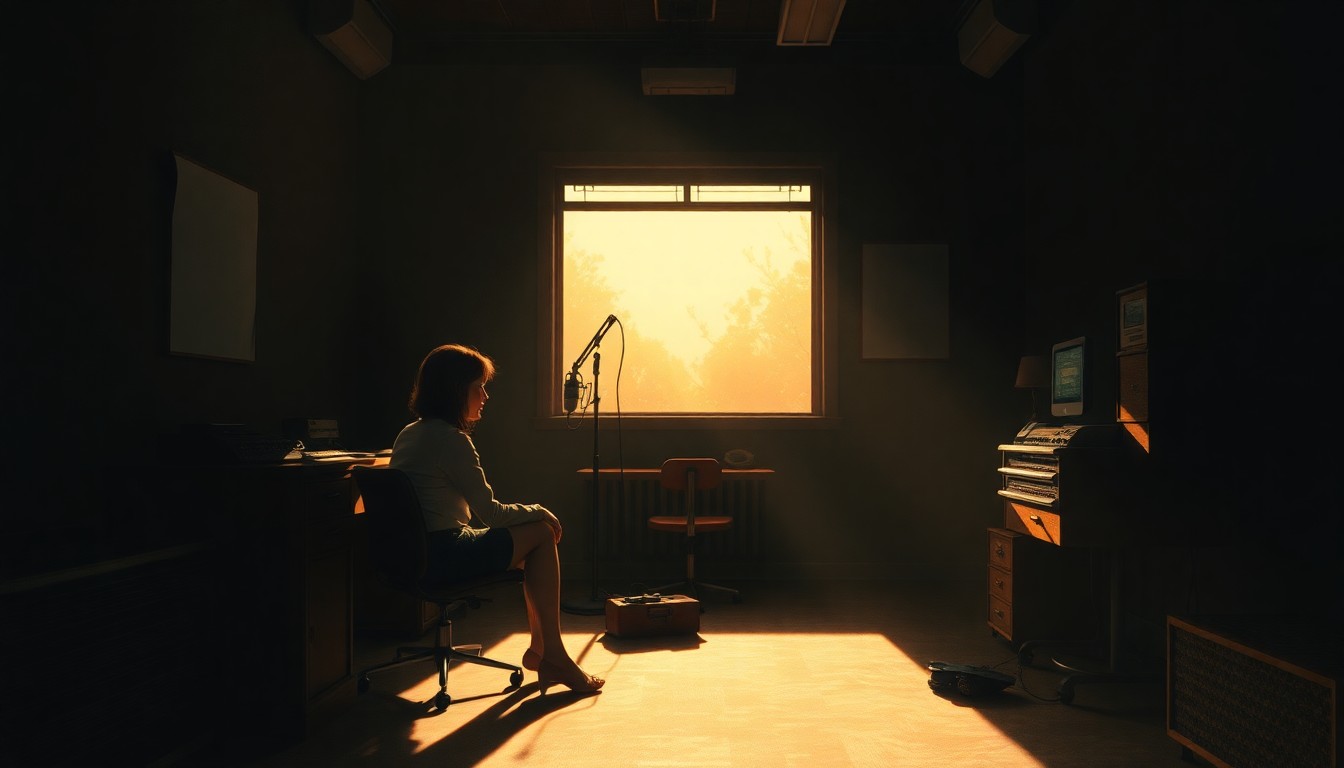 A cinematic painting of a young woman sitting alone in a dimly lit radio studio, bathed in warm, diagonal sunlight and deep shadows, conceptually representing the host of a podcast bringing civics education to a new generation.