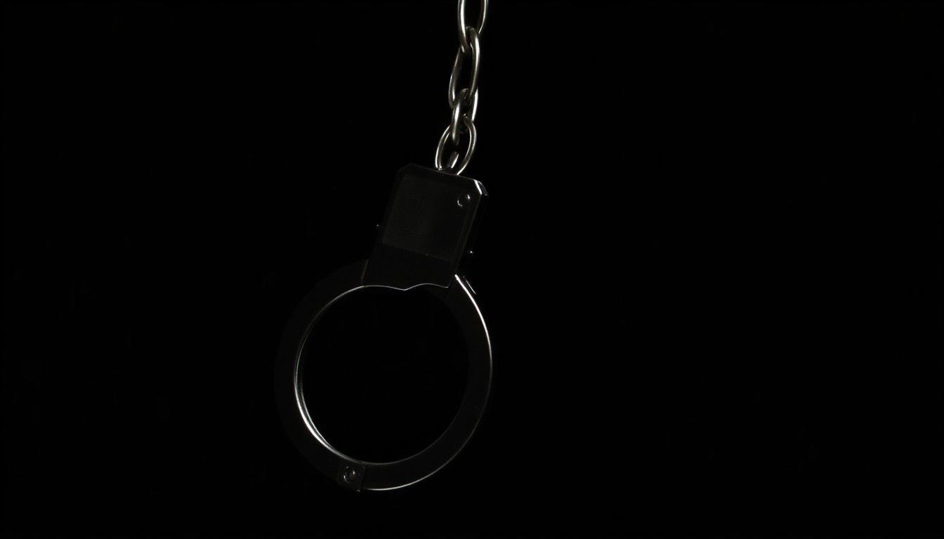 An extreme close-up photograph of a single handcuff, lit by a harsh, direct camera flash against a pitch-black background, creating a stark, gritty, investigative aesthetic.