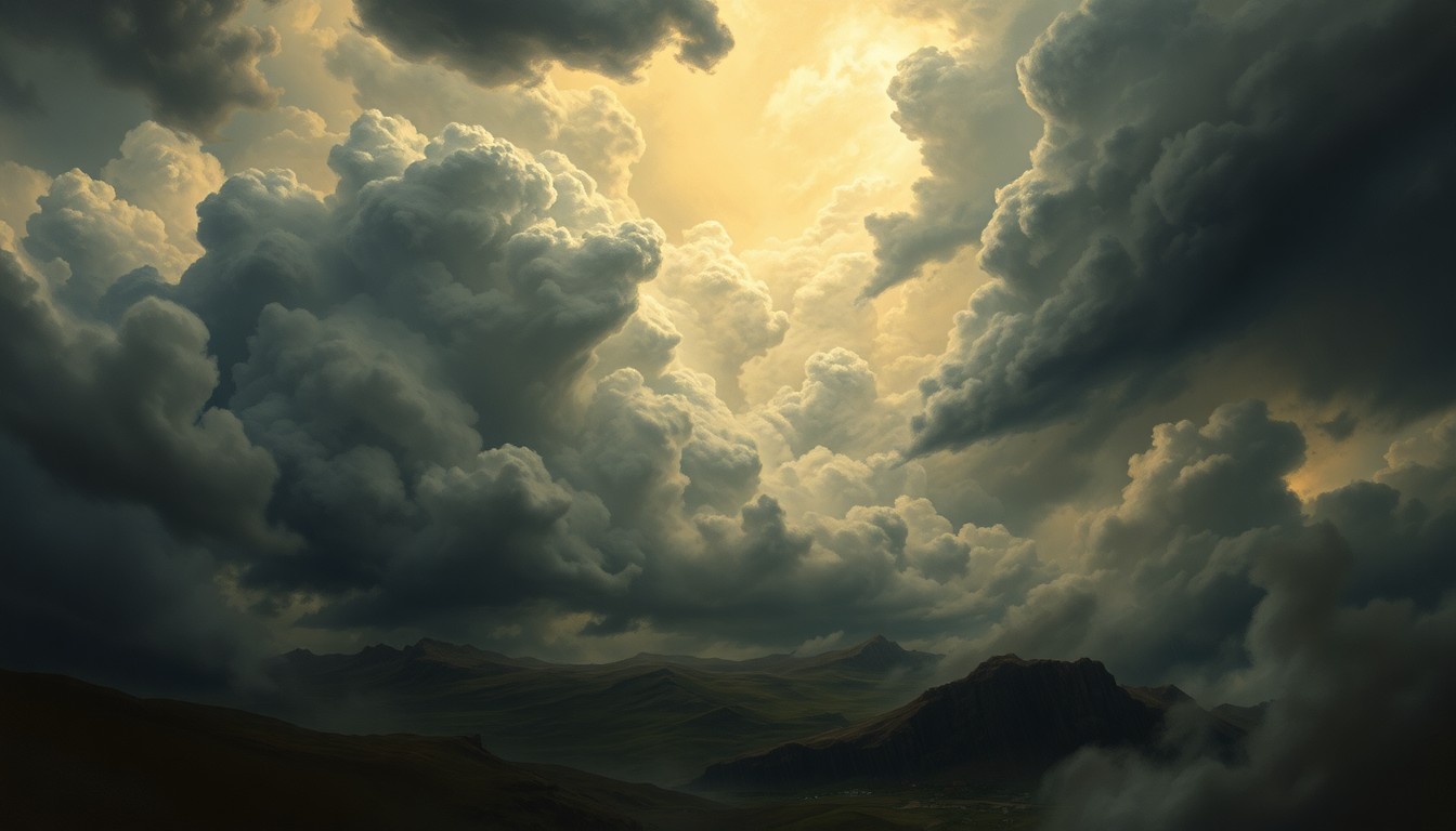 A sweeping, atmospheric landscape painting depicting a massive, turbulent storm system dominating the frame, with dark clouds and heavy rain obscuring any visible structures or objects below.