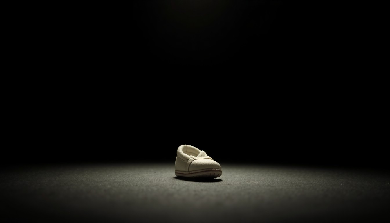 An extreme close-up photograph of a small baby shoe, the harsh flash illuminating the worn leather texture against a pitch-black background, conceptually representing the investigation into a decades-old infant death case.