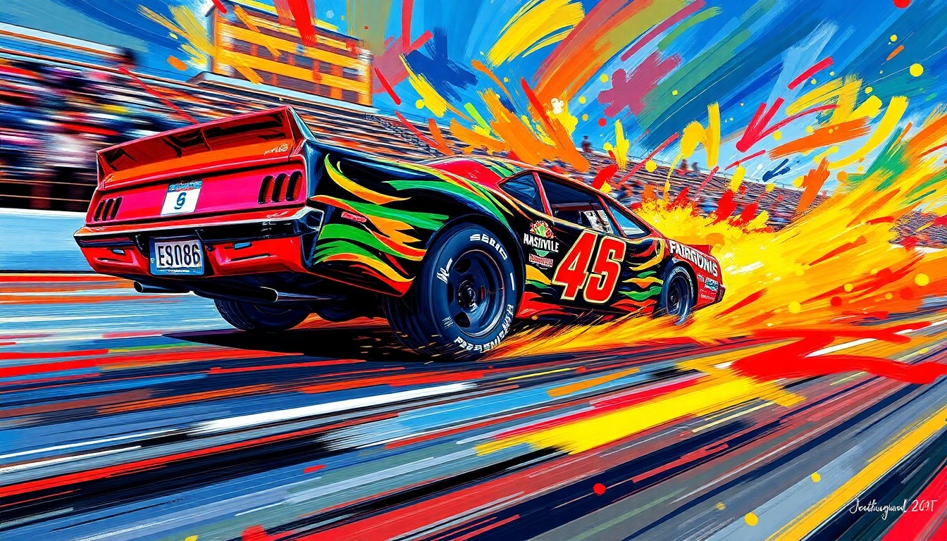 An abstract, energetic painting featuring bold brushstrokes of neon yellow, orange, and red, capturing the speed and intensity of a stock car racing around a short oval track.