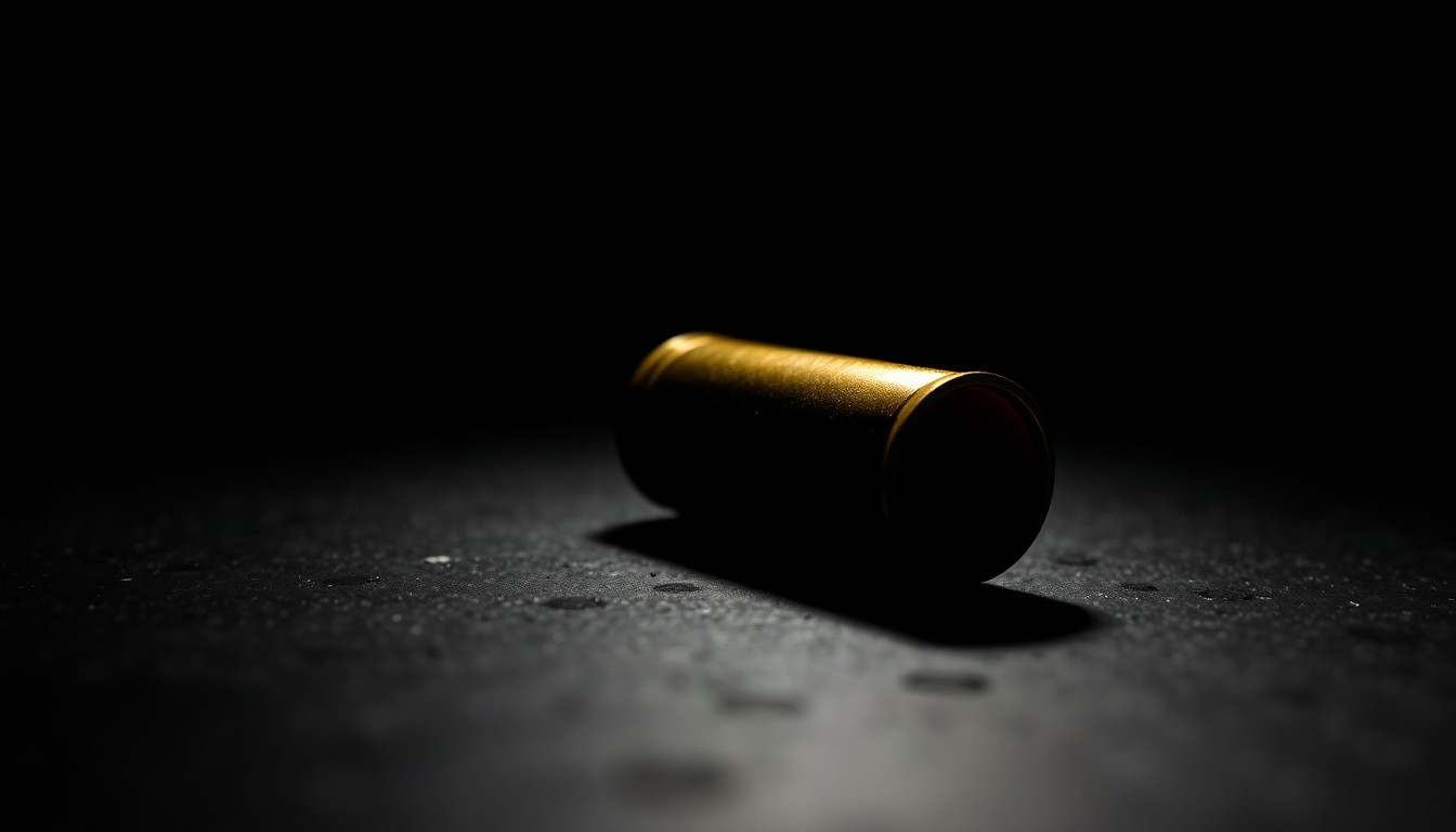 An extreme close-up photograph of a spent shell casing on a dark surface, lit by a harsh, direct camera flash, conveying the serious, investigative nature of a recent violent crime.
