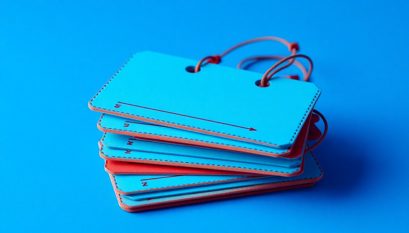 A close-up photograph of a stack of airline baggage tags in shades of blue and red, representing the increasing fees travelers must pay to check their luggage.
