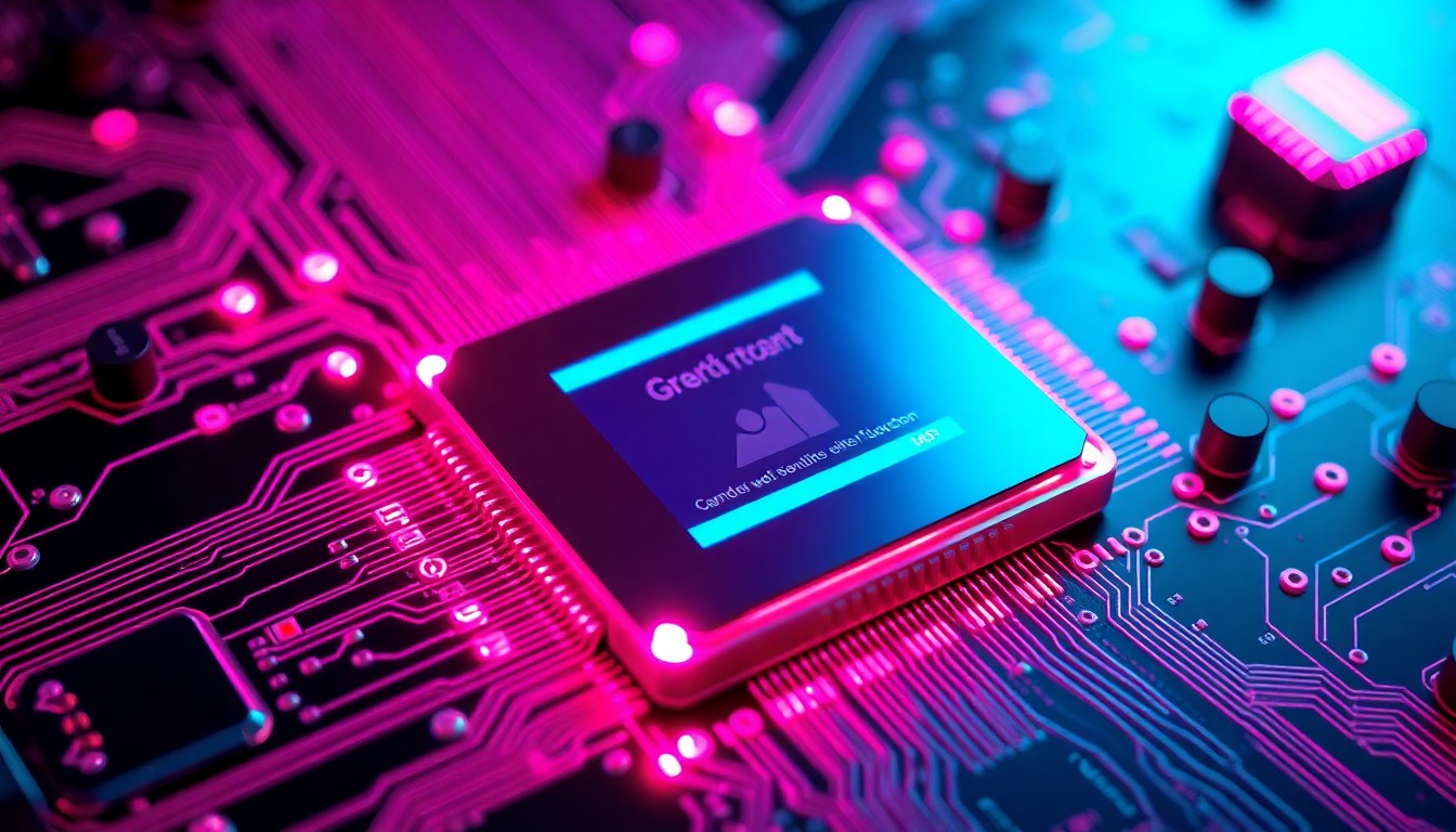 A highly detailed 3D illustration of a glowing, futuristic semiconductor chip or circuit board, bathed in neon cyan and magenta lighting, conceptually representing the advanced technology powering the next generation of electronics.