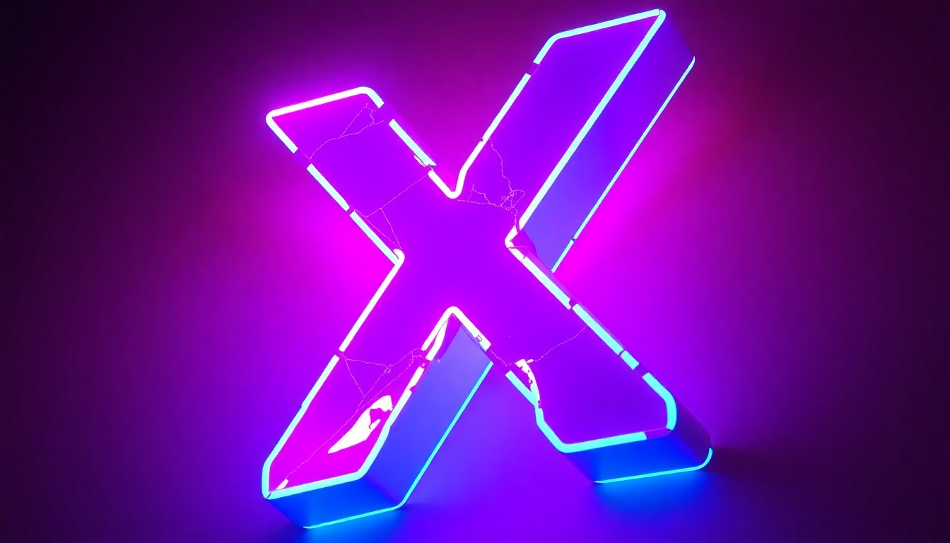 A highly detailed, 3D macro illustration of a partially obscured and damaged X logo, glowing with neon cyan and magenta lights against a backdrop of digital interference patterns, conceptually representing the decline of the social media platform.
