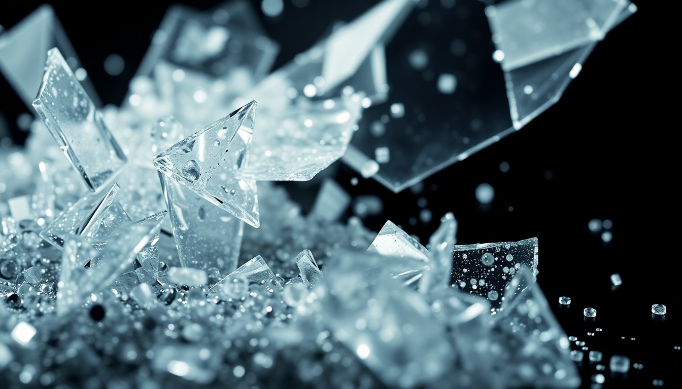 An abstract close-up image of shattered glass and glittering sequins, captured in dramatic high-contrast studio lighting to convey the glamour and luxury of the digital art market.