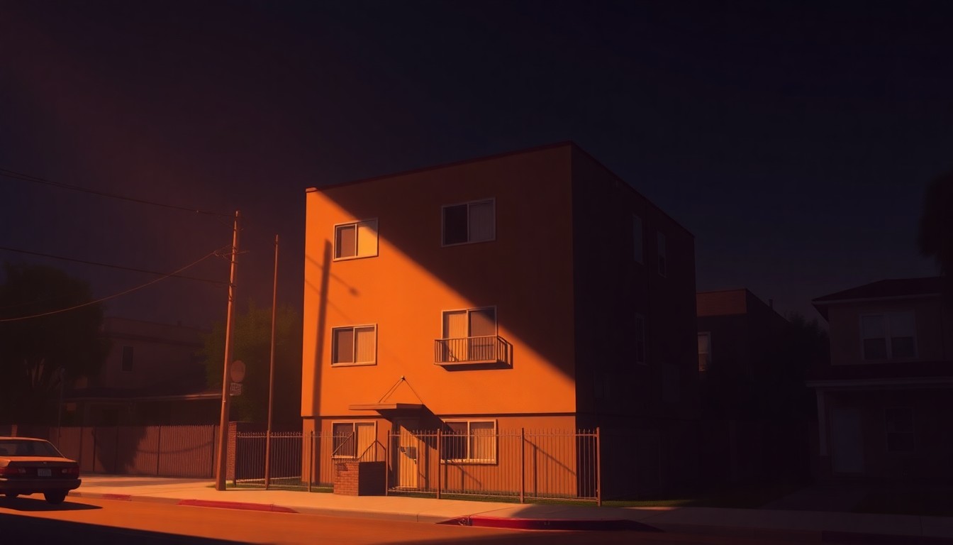 A serene, photorealistic painting of a multi-story apartment building in a Los Angeles neighborhood, with warm sunlight streaming through the windows and deep shadows cast across the facade, conveying a sense of quiet contemplation about the city's affordable housing challenges.