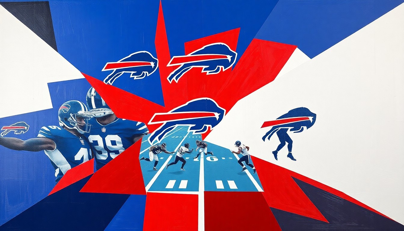 A fragmented, geometric painting in the style of Pablo Picasso, featuring overlapping planes of navy blue, red, and white to represent a football game in an abstract, deconstructed manner.