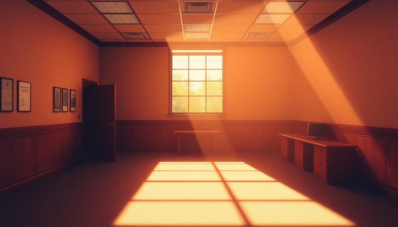 A dimly lit, cinematic interior scene of an empty government office space, with warm sunlight streaming through the windows and deep shadows cast across the walls and furniture, creating a contemplative and weighty atmosphere around the political decision-making process.