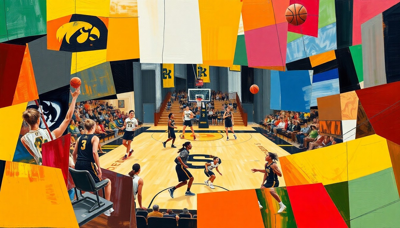 A fragmented, geometric painting depicting the dynamic movements and energy of a women's basketball game, with the vibrant colors of the competing teams' uniforms breaking down into sharp, overlapping planes.