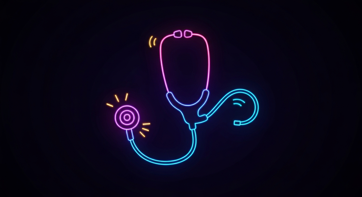 A minimalist illustration of a medical stethoscope defined by vibrant neon lines against a dark background, conceptually representing the vital role of health insurance for those with limited incomes.