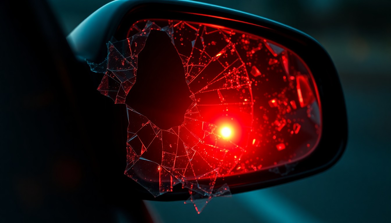 An extreme close-up photograph of a broken car side mirror, shattered glass reflecting a faint red light, conceptually illustrating the aftermath of the horse-car collision.