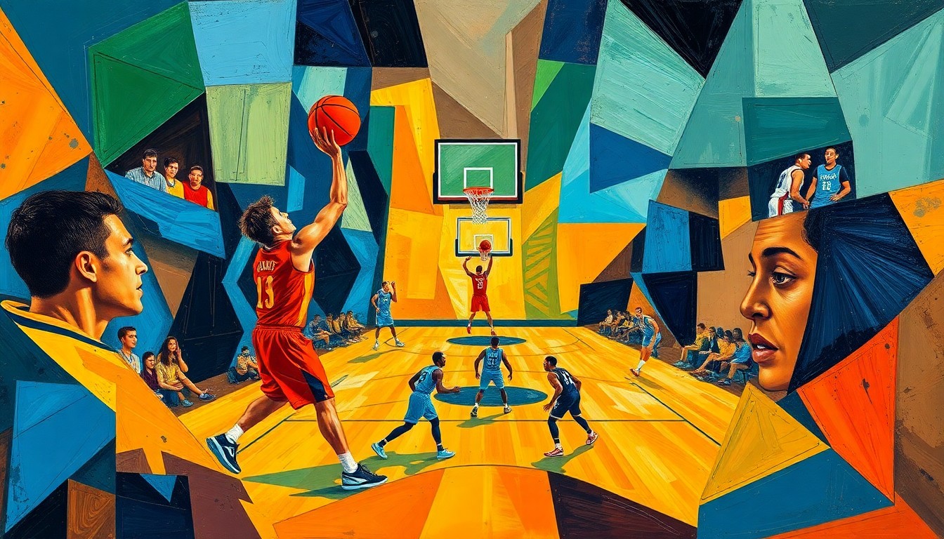 A cubist, geometric painting depicting the fragmented, multi-angled action of a college basketball game, with abstracted player forms in a vibrant color palette.