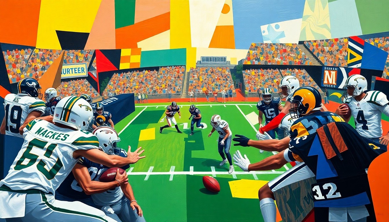 A fractured, multi-perspective painting in the style of Pablo Picasso, breaking a football game down into sharp, overlapping geometric planes of vibrant colors representing the competing teams' uniforms.