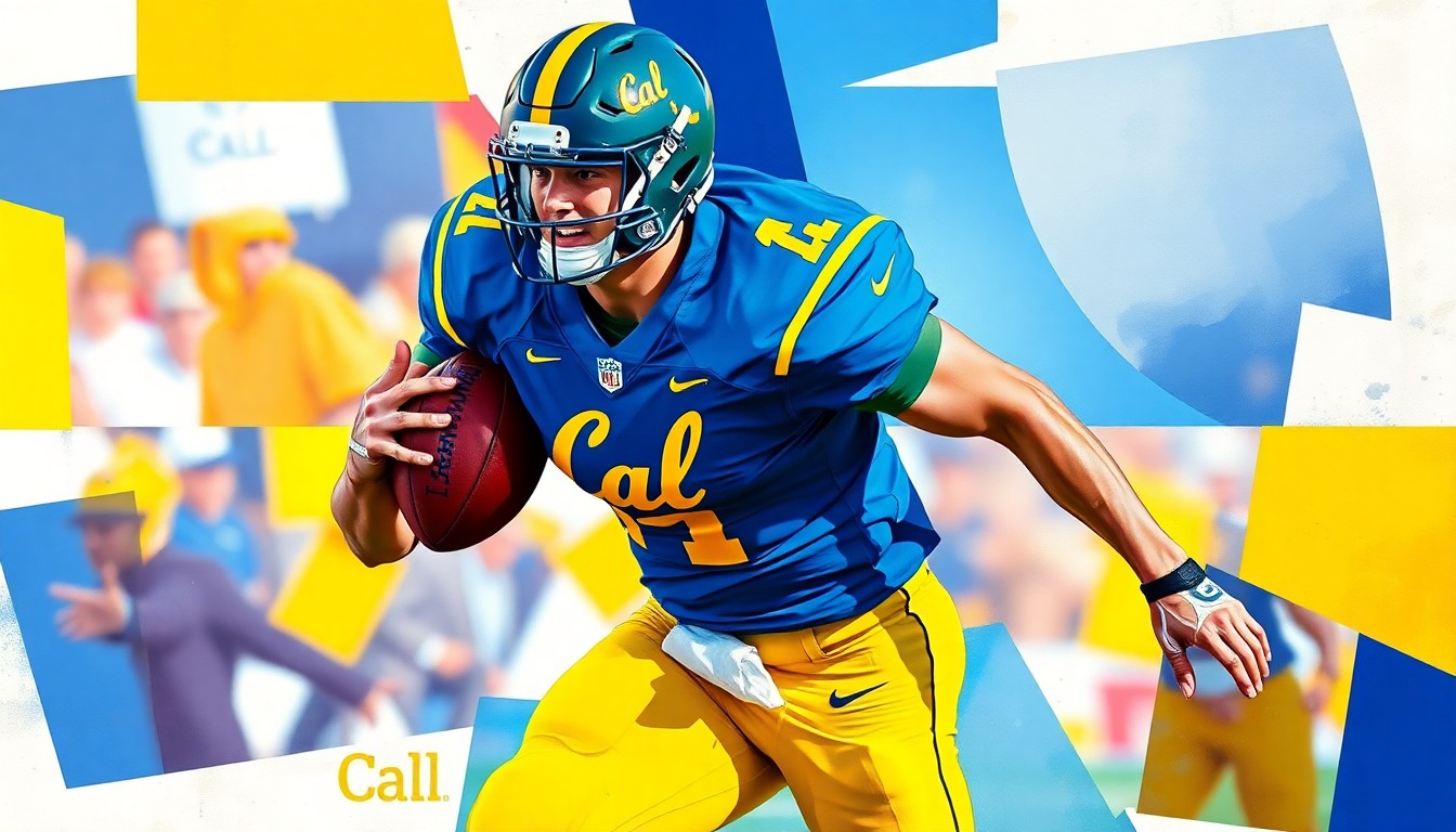 A fragmented, geometric painting depicting a football player in motion, with sharp planes of blue and gold representing the University of California, Berkeley's team colors.