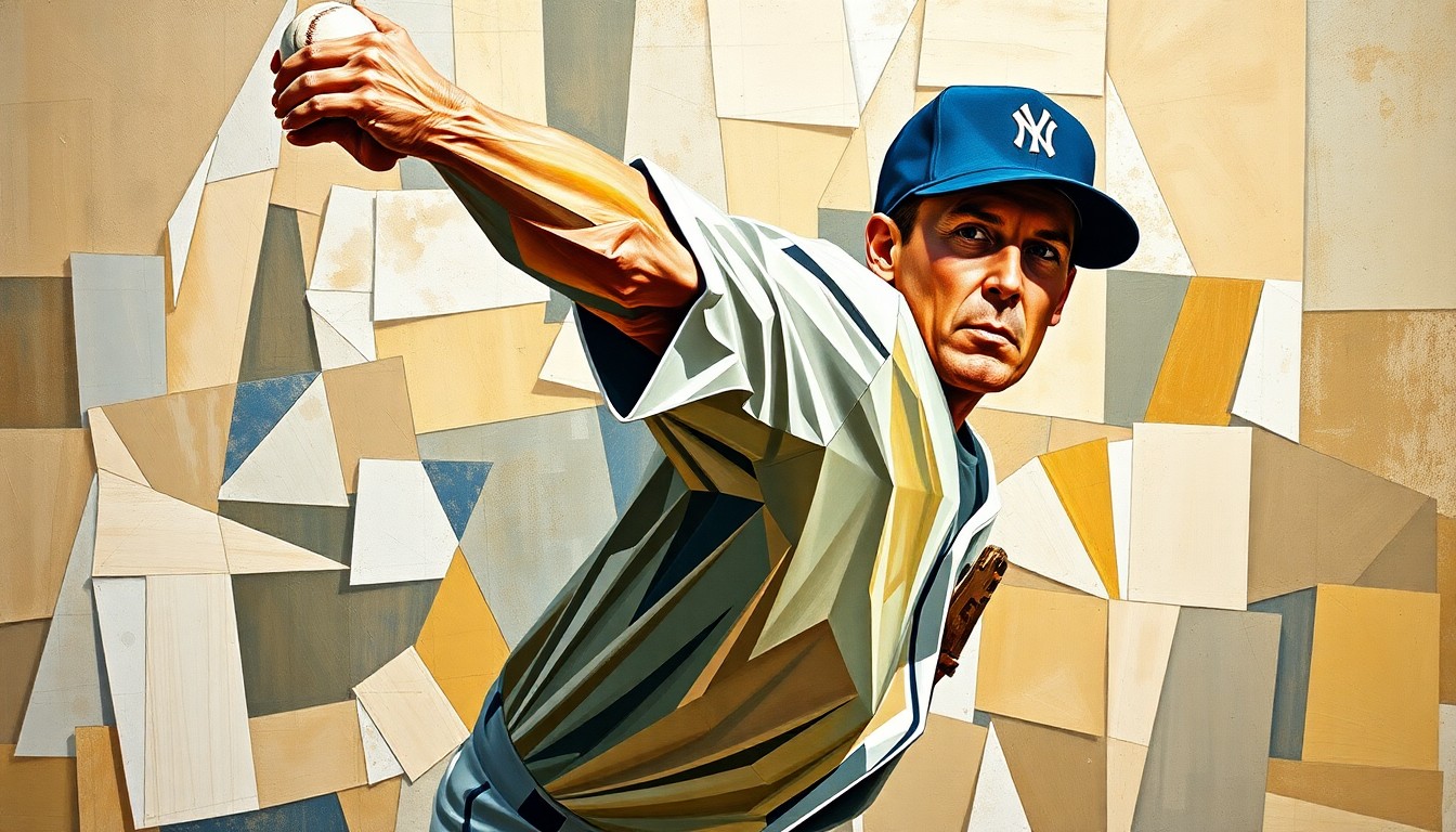 A cubist-style painting depicting a baseball pitcher's face in multiple fragmented perspectives, with sharp geometric planes and muted colors conveying the complex emotions behind Skenes' stoic public persona.