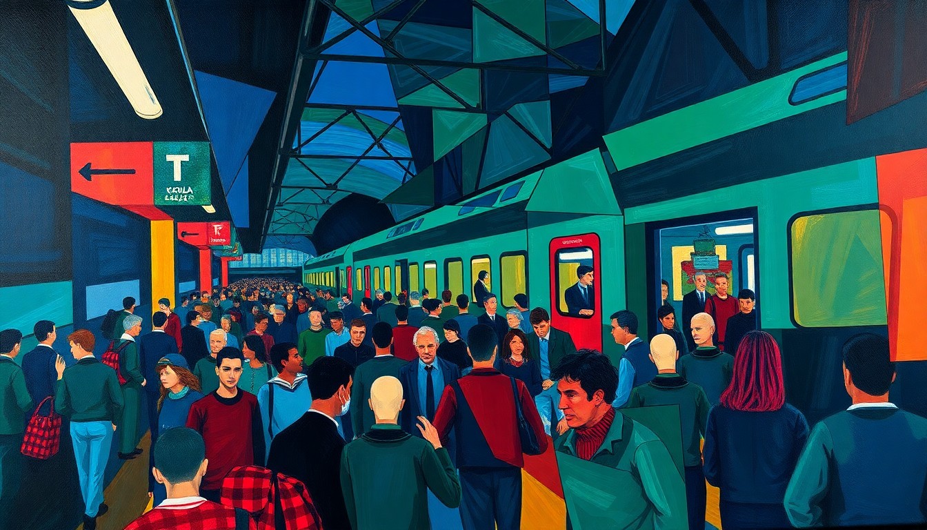 A fragmented, cubist-style painting depicting a chaotic train platform with geometric shapes in navy, green, and red representing the rush of soccer fans boarding a train to a World Cup match.