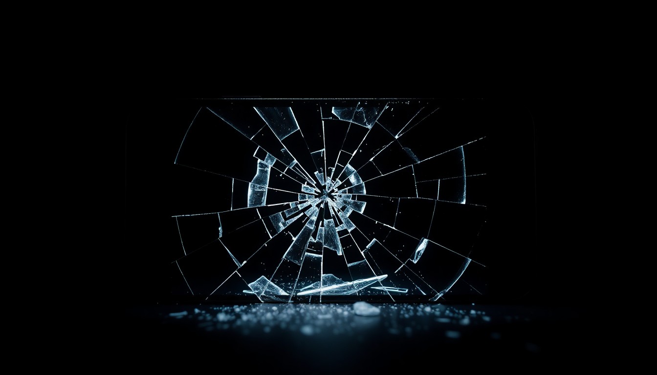 An extreme close-up of a shattered and cracked cell phone screen, reflecting a faint light and conveying the aftermath of a violent crime through its fragmented and distorted appearance.