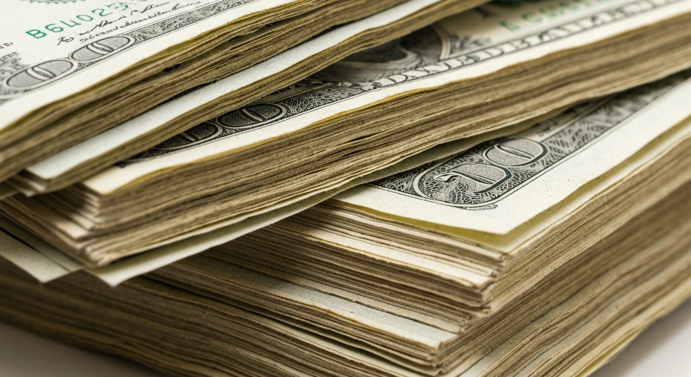 An extreme close-up photograph of stacks of U.S. dollar bills, their edges slightly worn, conveying the physical, industrial nature of financial capital and investment.