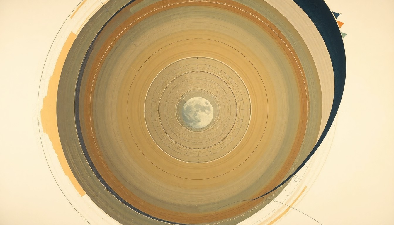 A highly structured abstract painting in earthy tones, featuring sweeping geometric arcs, concentric planetary circles, and precise orbital spirals, conceptually representing the Artemis II spacecraft's journey around the Moon and back to Earth.