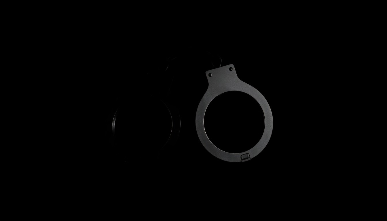 An extreme close-up photograph of a pair of handcuffs against a pitch-black background, lit by a harsh, direct camera flash, conceptually representing the abuse of power and lack of accountability within the bail bond industry.