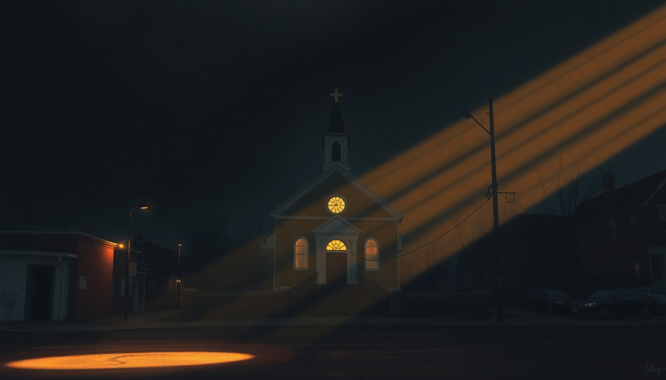 A moody, cinematic painting of a Catholic church in a dimly lit urban setting, with warm sunlight streaming through the windows and deep shadows across the facade, evoking a sense of quiet contemplation and the separation of church and state.