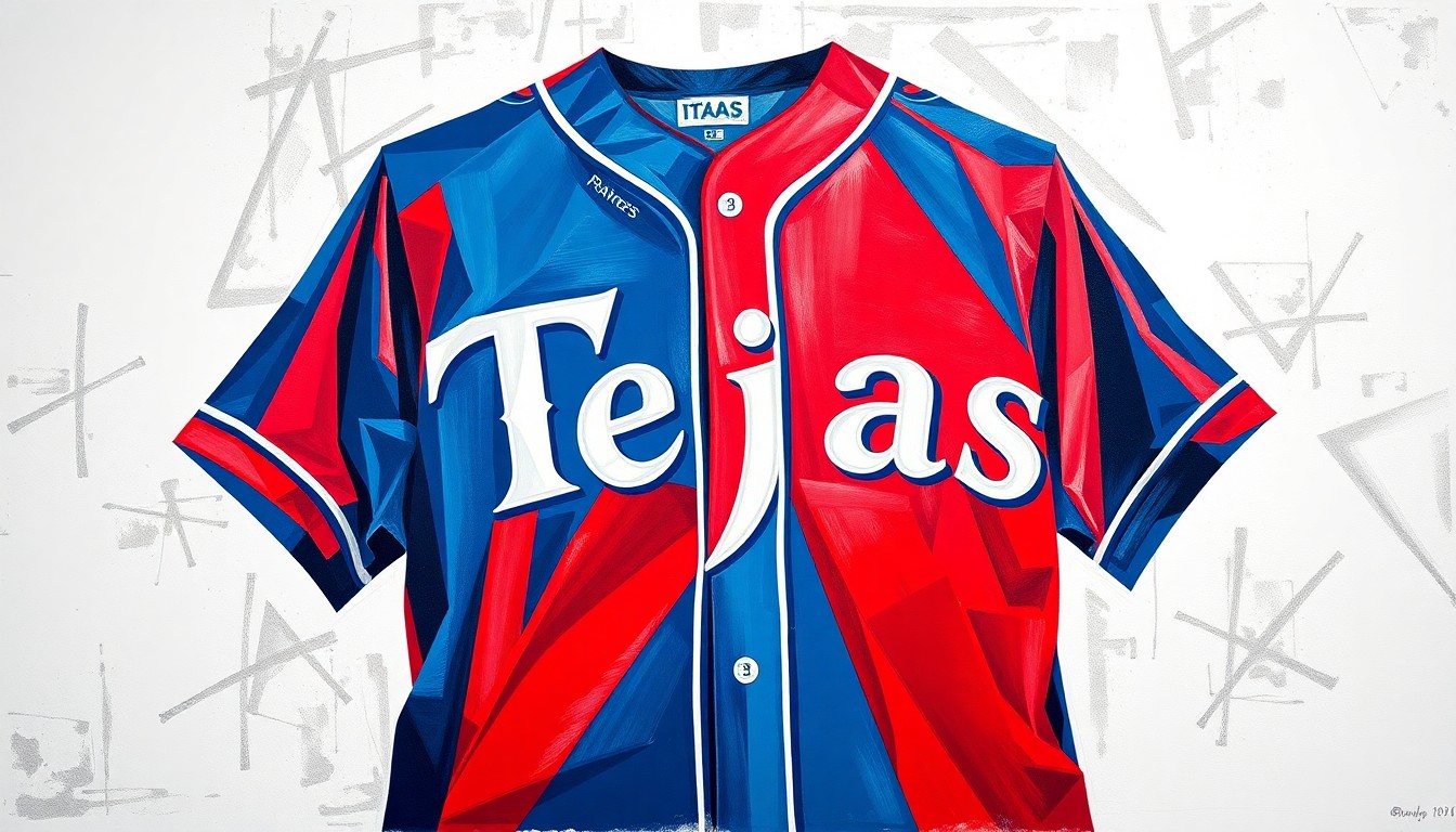 A cubist, geometric painting depicting the new Texas Rangers baseball jersey in a fractured, multi-perspective style, with bold red, blue, and white shapes overlapping to create an abstract, artistic representation of the uniform's design.