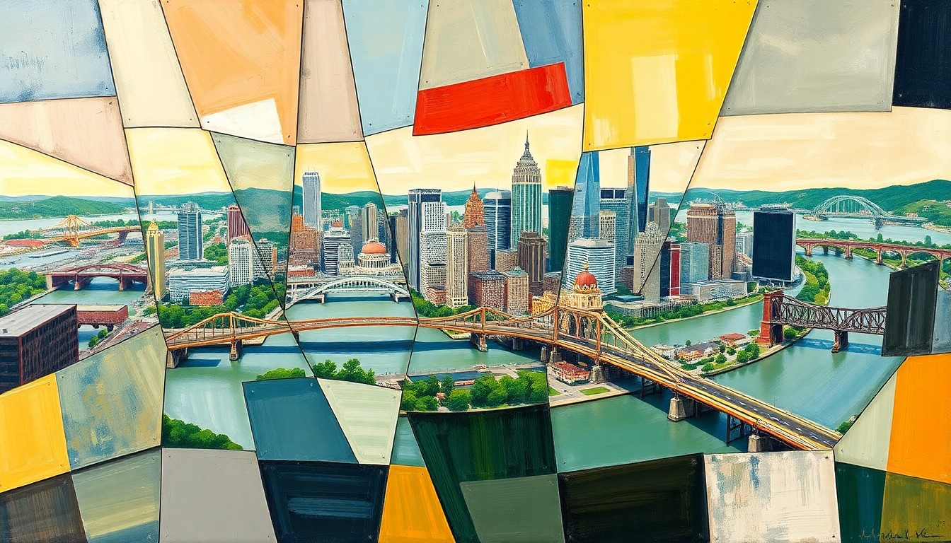 A cubist, geometric painting depicting the Pittsburgh skyline and its three rivers - the Ohio, Allegheny, and Monongahela - broken down into sharp, overlapping planes of color, conceptually representing the disruption to the city's waterways during the NFL draft event.