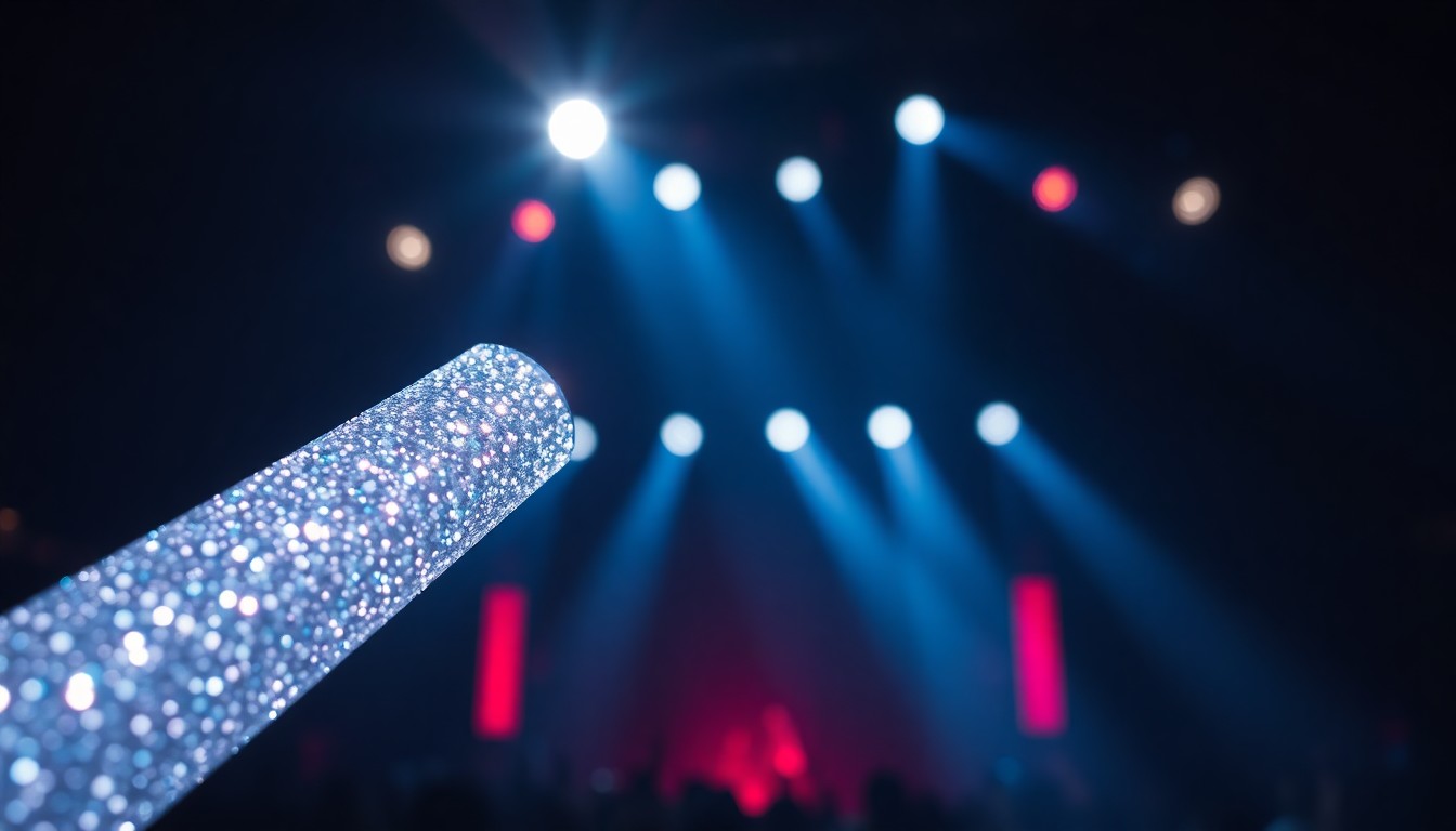 An extreme close-up photograph of a BTS light stick, its surface reflecting bright stage lights in a dramatic, high-contrast studio setting, capturing the luxurious, high-energy essence of a BTS concert.