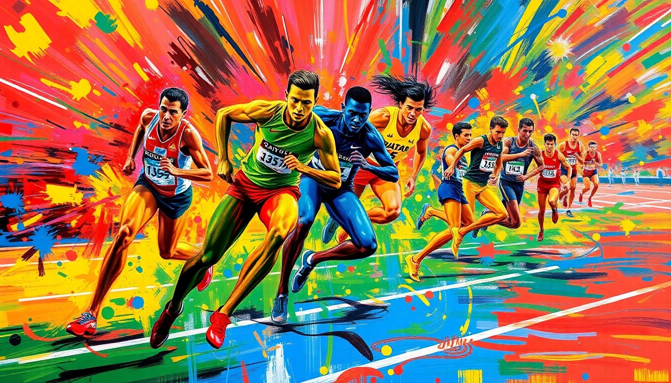 An abstract, expressionist painting featuring dynamic, colorful brushstrokes and abstracted figures in motion, capturing the energy and speed of a track and field event.