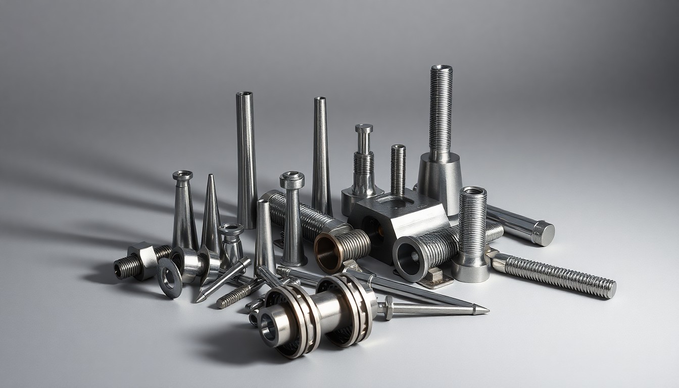 A high-end, photorealistic studio still-life photograph featuring a collection of polished metal railroad spikes, couplers, and other premium industrial hardware objects arranged elegantly on a clean, monochromatic grey seamless background, conceptually representing the infrastructure and logistics of the railroad industry.