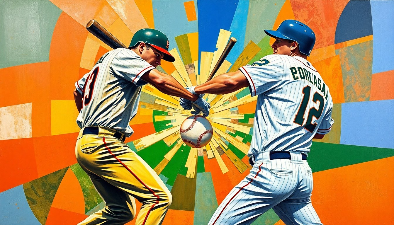 A cubist-style painting depicting the collision between two baseball players, with their bodies and the ball broken down into sharp, overlapping geometric shapes and planes in a vibrant color palette, conveying the chaos and fragmentation of the high-speed impact.