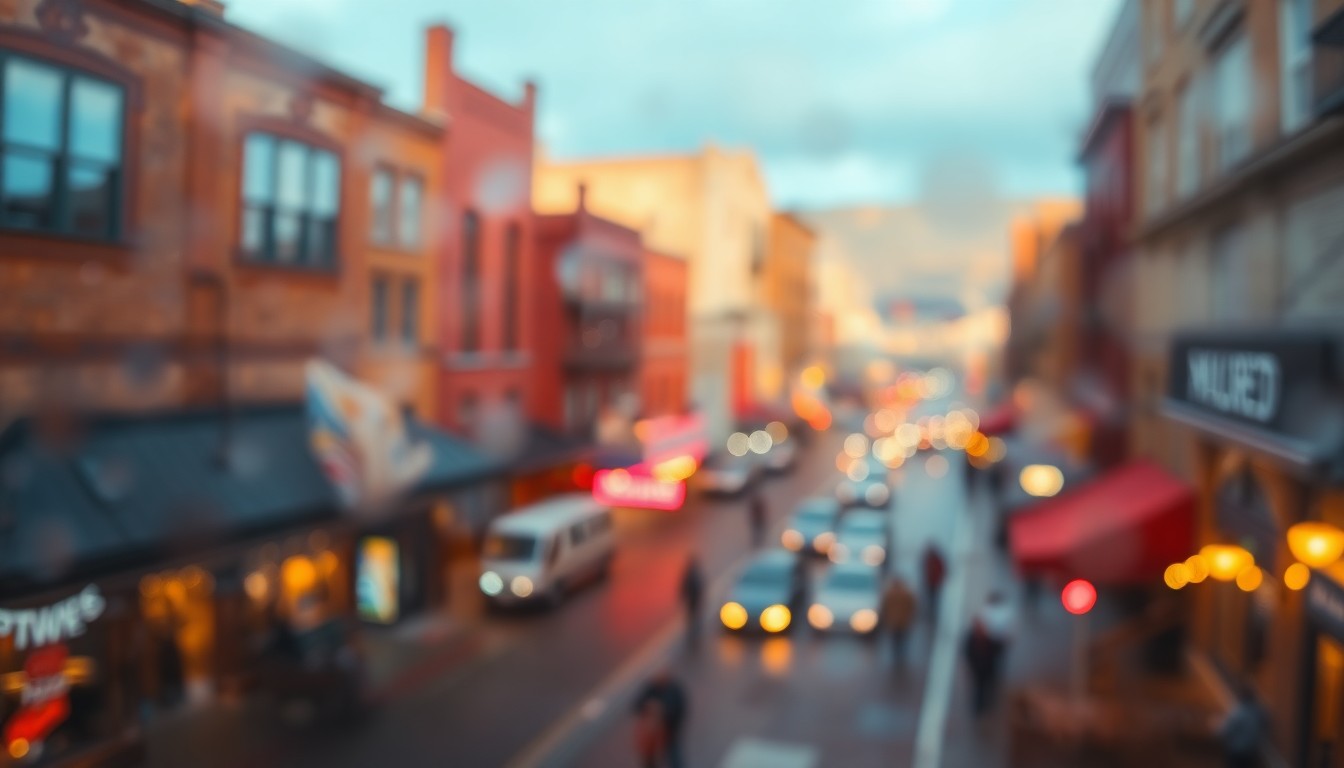 An abstract, impressionistic photograph composed of warm, blurred pools of light and color, representing the historic architecture, local shops, and vibrant public spaces of Butte, Montana.