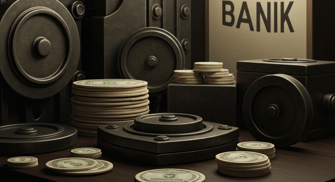 An extreme close-up of gears, levers, and other industrial banking machinery, conceptually representing the complex financial infrastructure that supports the real estate investment market.