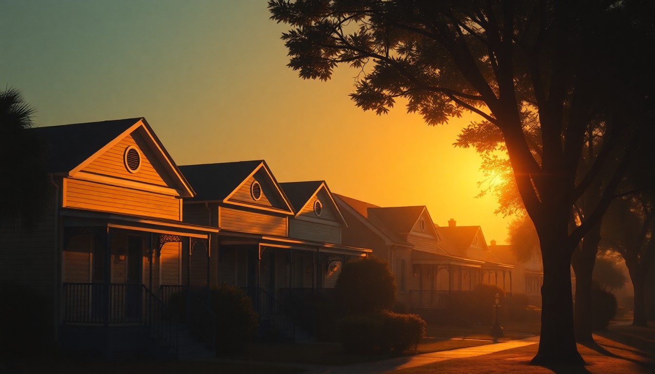 A serene, nostalgic painting of a row of modest homes in Savannah, Georgia, with warm sunlight and deep shadows creating a contemplative, cinematic mood, conceptually representing the city's efforts to address housing challenges through community engagement.