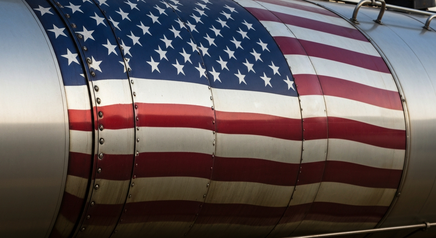 An abstract, close-up view of a locomotive's textured metal surface, with the red, white, and blue colors of the American flag reflected in the shiny steel, conveying a sense of national pride and industrial strength.