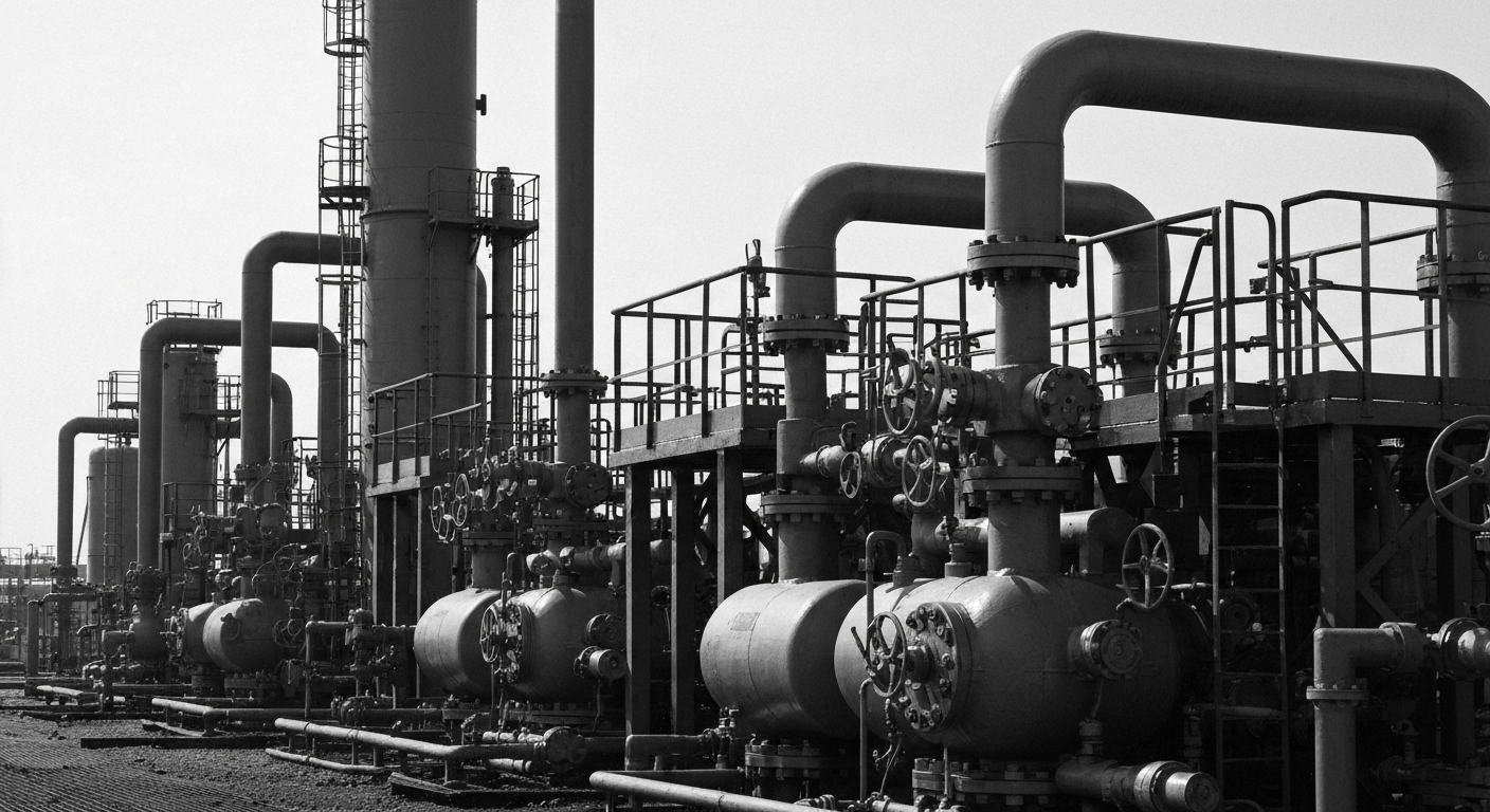 A high-contrast, close-up black and white photograph of the intricate machinery and equipment used in oil and gas processing, conveying the industrial power and scale of Enterprise Products Partners' midstream operations.