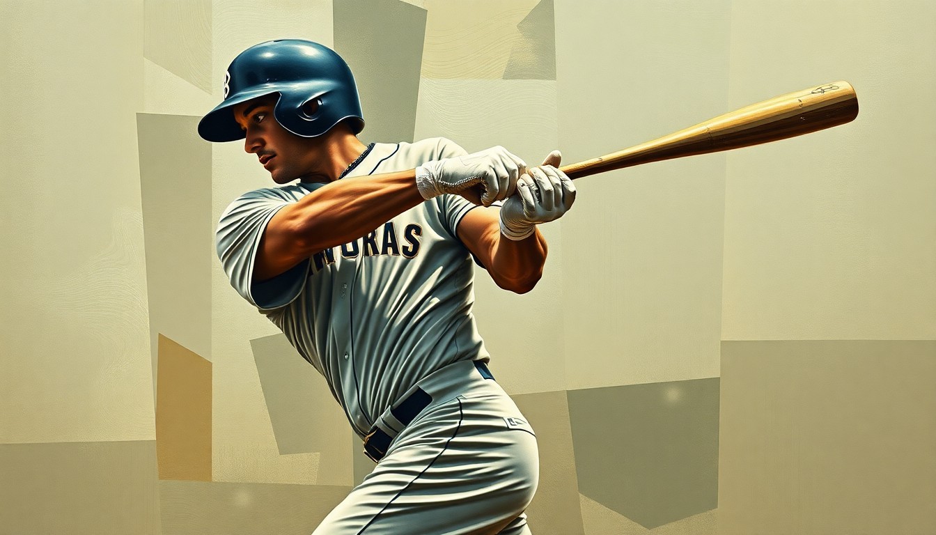 A fractured, geometric painting capturing the dynamic motion of a baseball player's swing, with the player's face and uniform obscured into overlapping planes of muted earth tones.