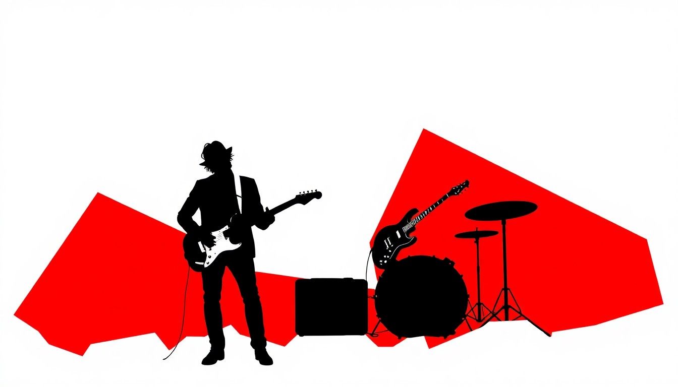 A striking, abstract illustration featuring bold, jagged shapes and silhouettes in high-contrast colors, conceptually representing the performance and storytelling of an Americana musician.