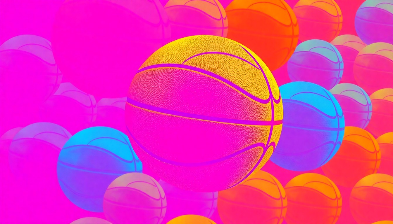 A bold, colorful silkscreen-style illustration featuring a basketball icon repeated in a grid pattern, capturing the essence of the story's themes of sportsmanship and character development.