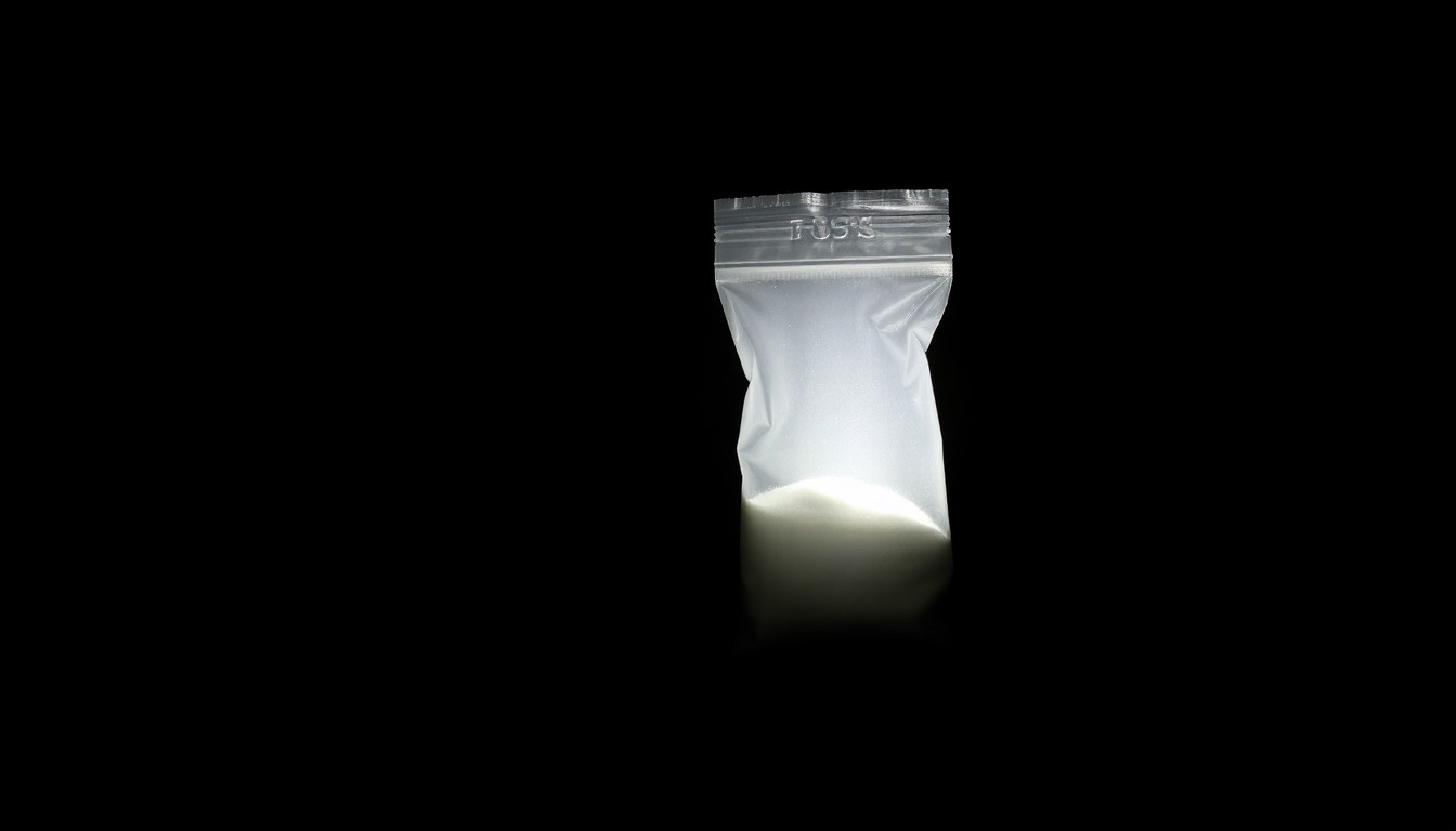 An extreme close-up of a small plastic bag containing white powder, lit by a harsh, direct camera flash against a pitch-black background, conceptually illustrating the investigation and seizure of illicit drugs.