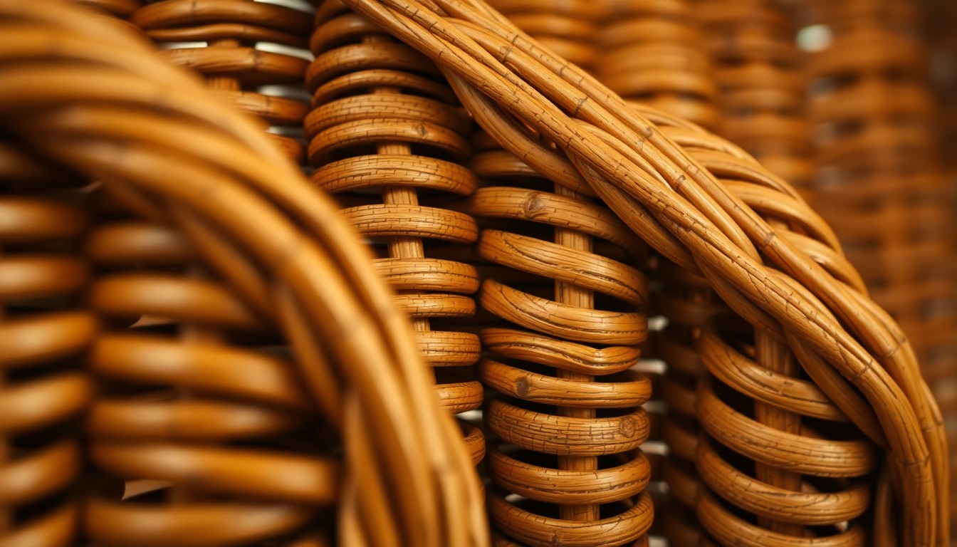 An extreme close-up photograph showcasing the intricate, woven texture of a wicker chair or sofa, highlighting the warm, earthy tones and organic feel of the natural material.