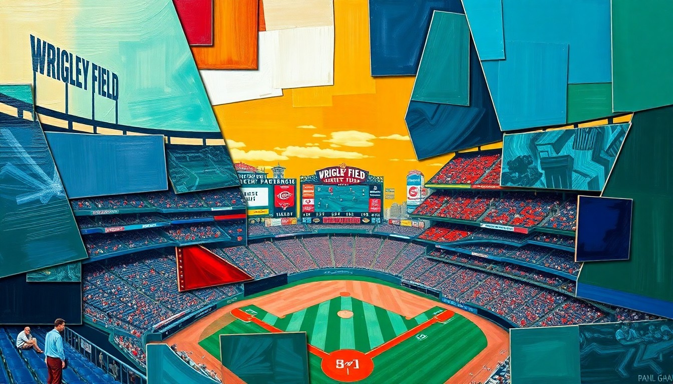 A cubist, geometric painting depicting a baseball game at Wrigley Field, with the field, players, and stadium elements fractured into sharp, overlapping planes of navy blue, red, and emerald green.