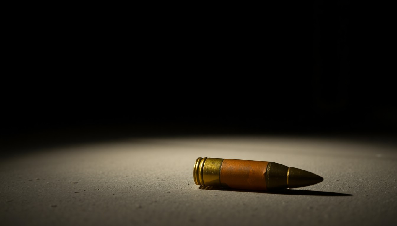An extreme close-up photograph of a single spent shell casing on the floor, lit by a harsh camera flash against a pitch-black background, conceptually illustrating the aftermath of a security incident at a transportation hub.