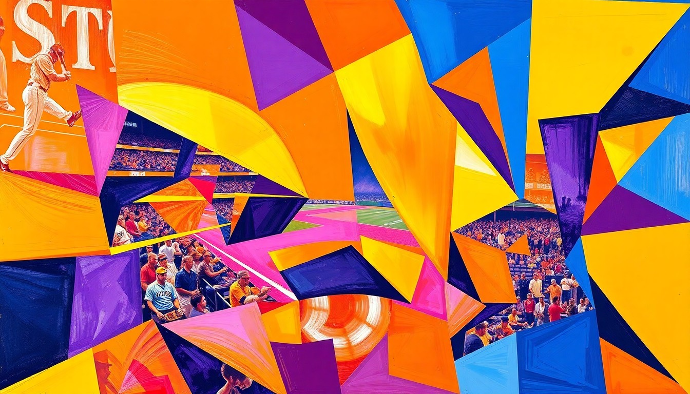 A cubist, geometric painting depicting a Padres baseball game, with sharp, overlapping planes of bright orange, deep purple, and electric blue, capturing the dynamic energy of the sport.