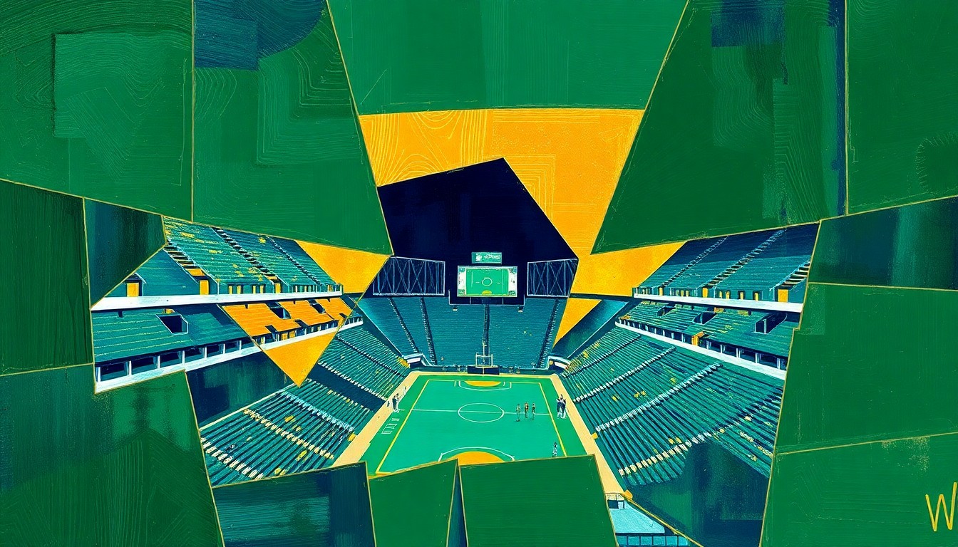 A fractured, cubist-style painting depicting the interior of a Wisconsin sports stadium or arena, with the field, stands, and other architectural elements broken down into sharp, overlapping geometric shapes in shades of green, blue, and gold, conveying the complex and fragmented nature of the state's forthcoming sports betting landscape.
