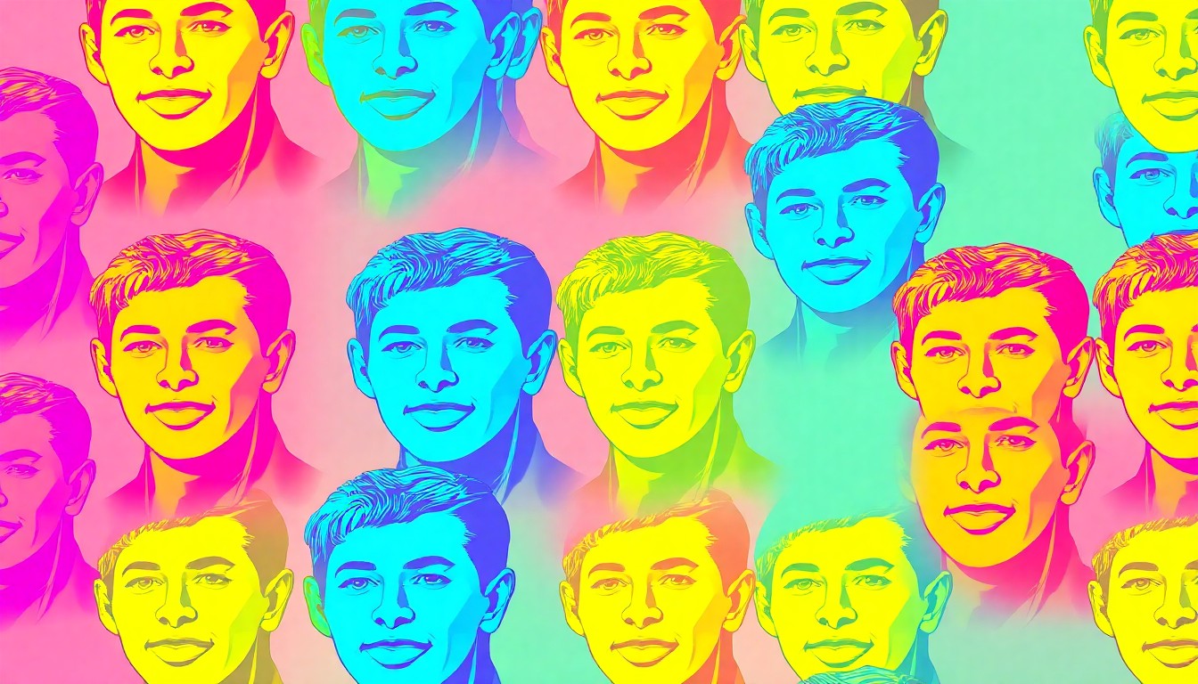 A vibrant, silkscreen-style grid of a single digital illustration depicting a person's face or upper body, rendered in a high-contrast, neon color palette with heavy black outlines, capturing the essence of Pranzo's storytelling exhibit through an iconic pop art visual metaphor.